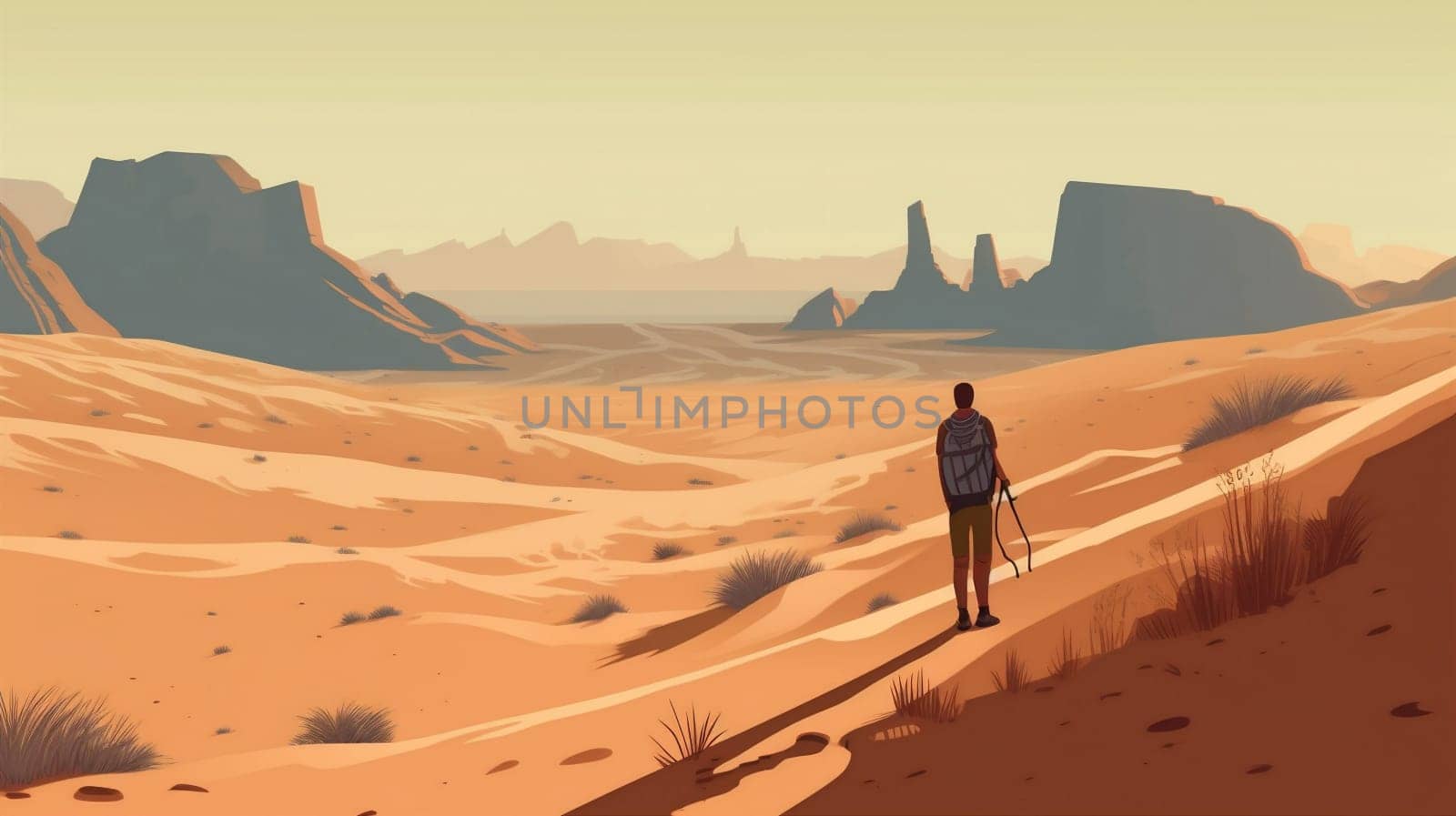 wilderness man footprint landscape isolation rock barren walking nature science hike fiction freedom travel journey desert sunset trekking arid adventure trek backpack. Generative AI.