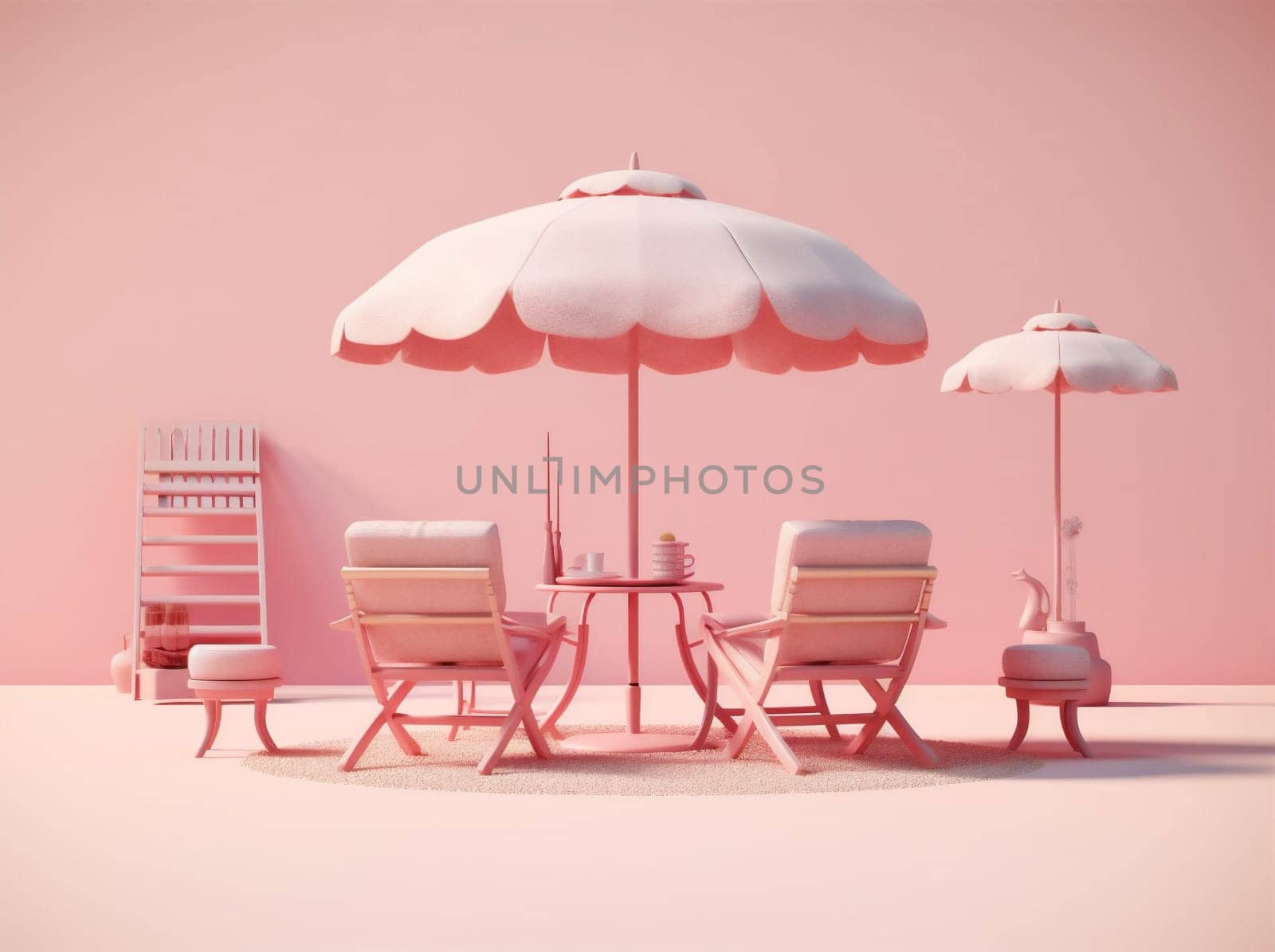 sand retro umbrella summer relax parasol pink ocean season sun pool chair three-dimensional vacation sky water poster shore holiday colorful. Generative AI.