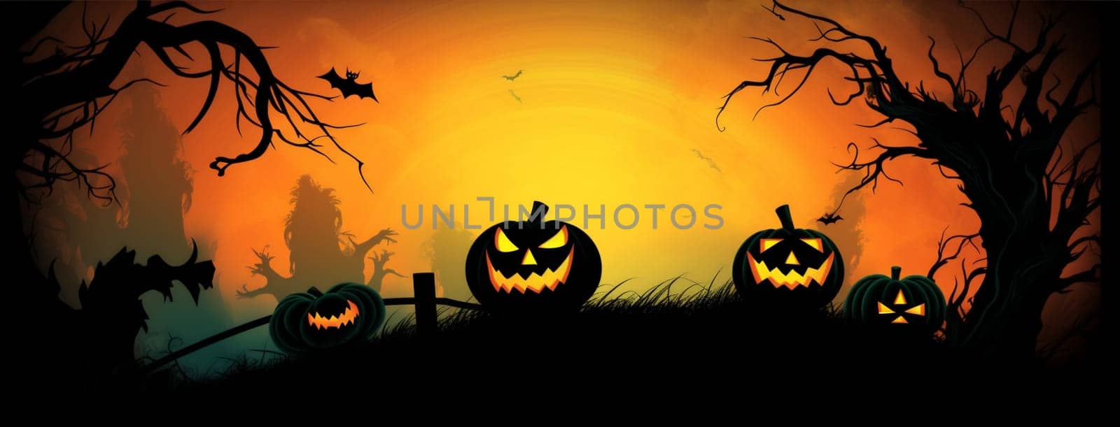 evil vintage horror spooky scary holiday autumn october orange pumpkin face scarecrow fantasy silhouette halloween light black dark night ghost. Generative AI.