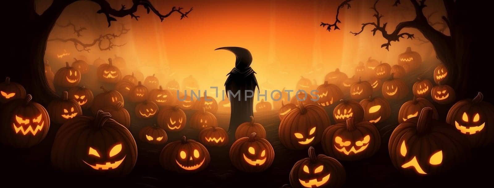 design illustration october black scarecrow glowing dark background tree halloween old farm jack orange horror pumpkin light night ghost holiday. Generative AI.