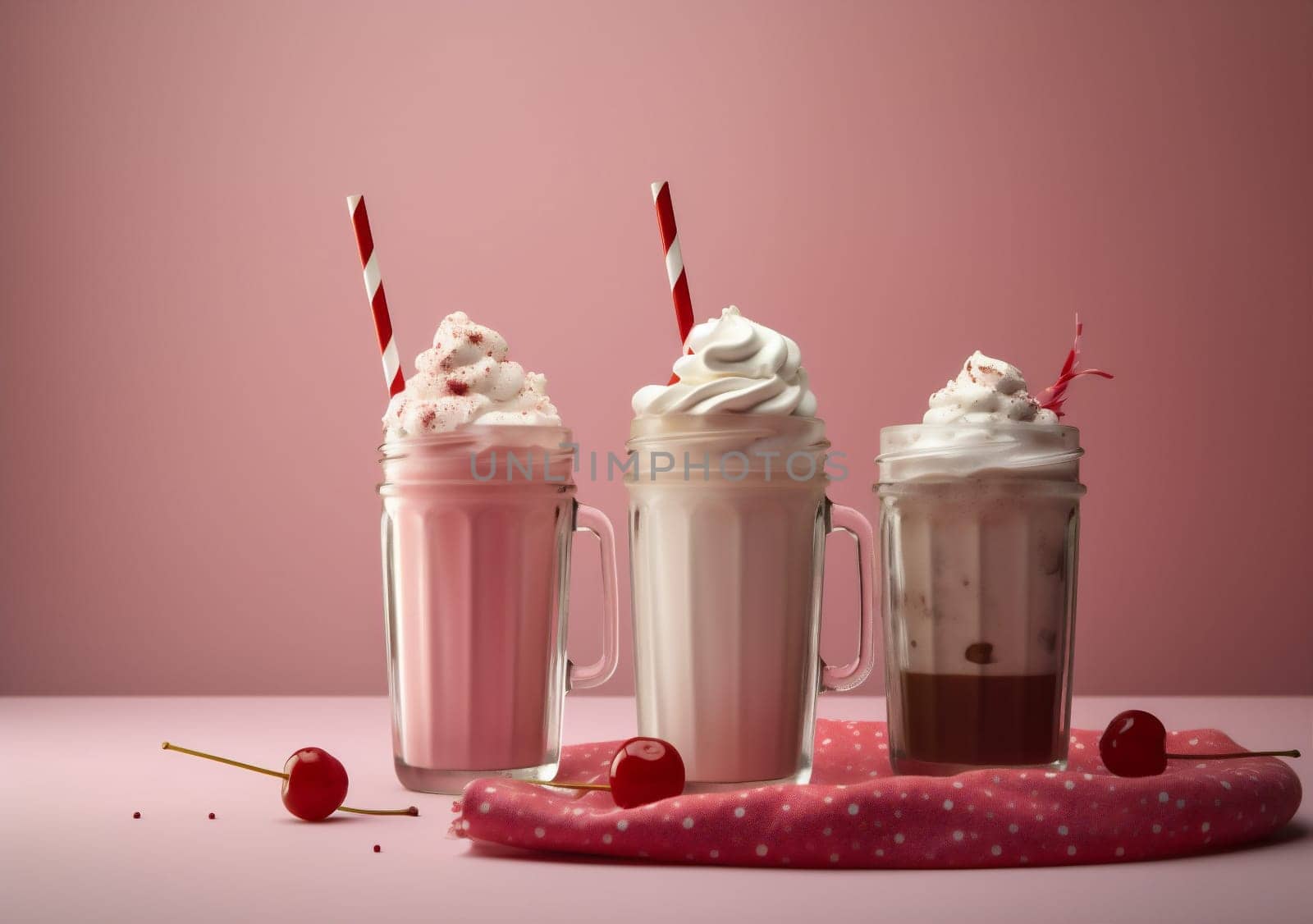 retro milkshake ice drink glass pink beverage cream sweet cocktail. Generative AI. by Vichizh