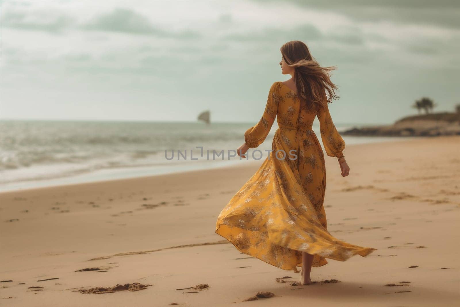 summer woman sea beautiful person lifestyle dress beach hippie fashion sky. Generative AI. by Vichizh