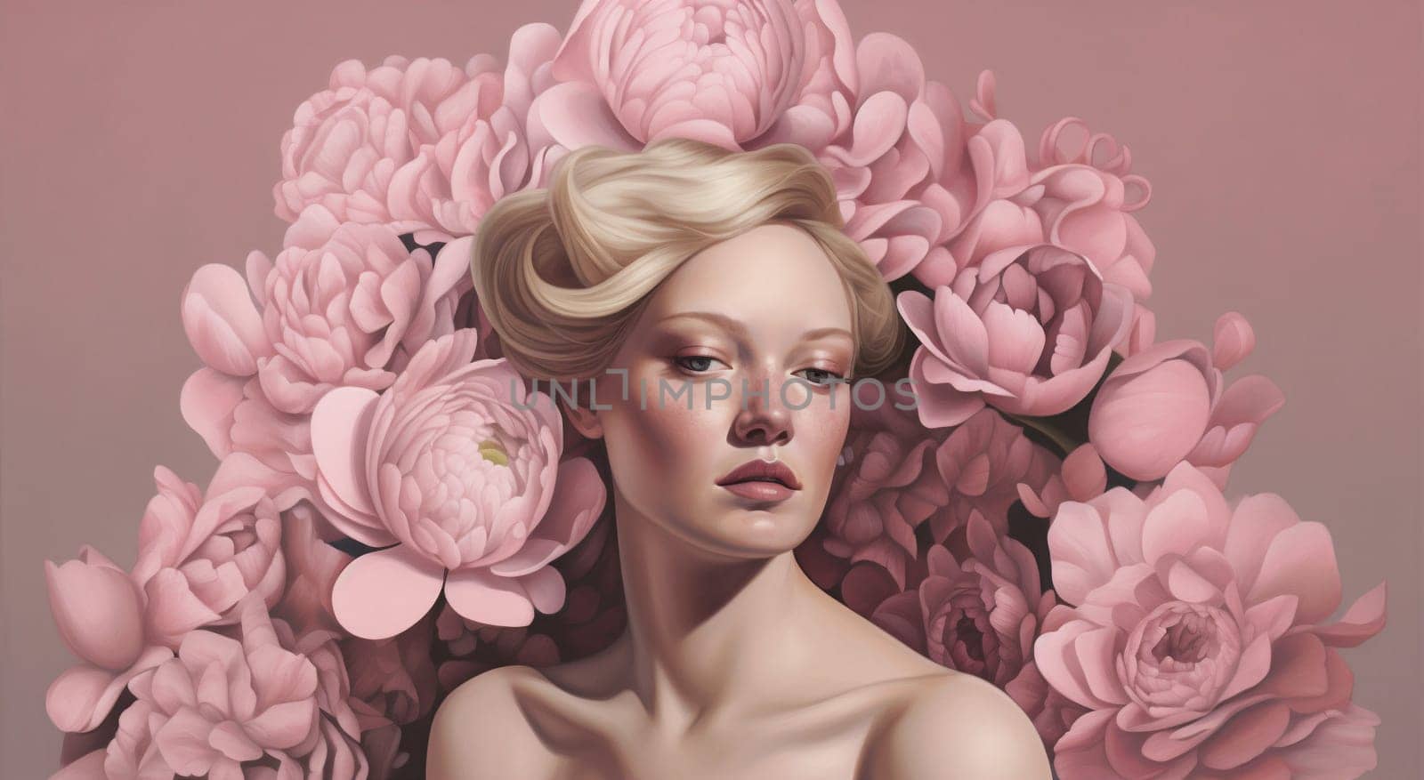 woman face peony rose trendy lady fashion flower head beauty art. Generative AI. by Vichizh