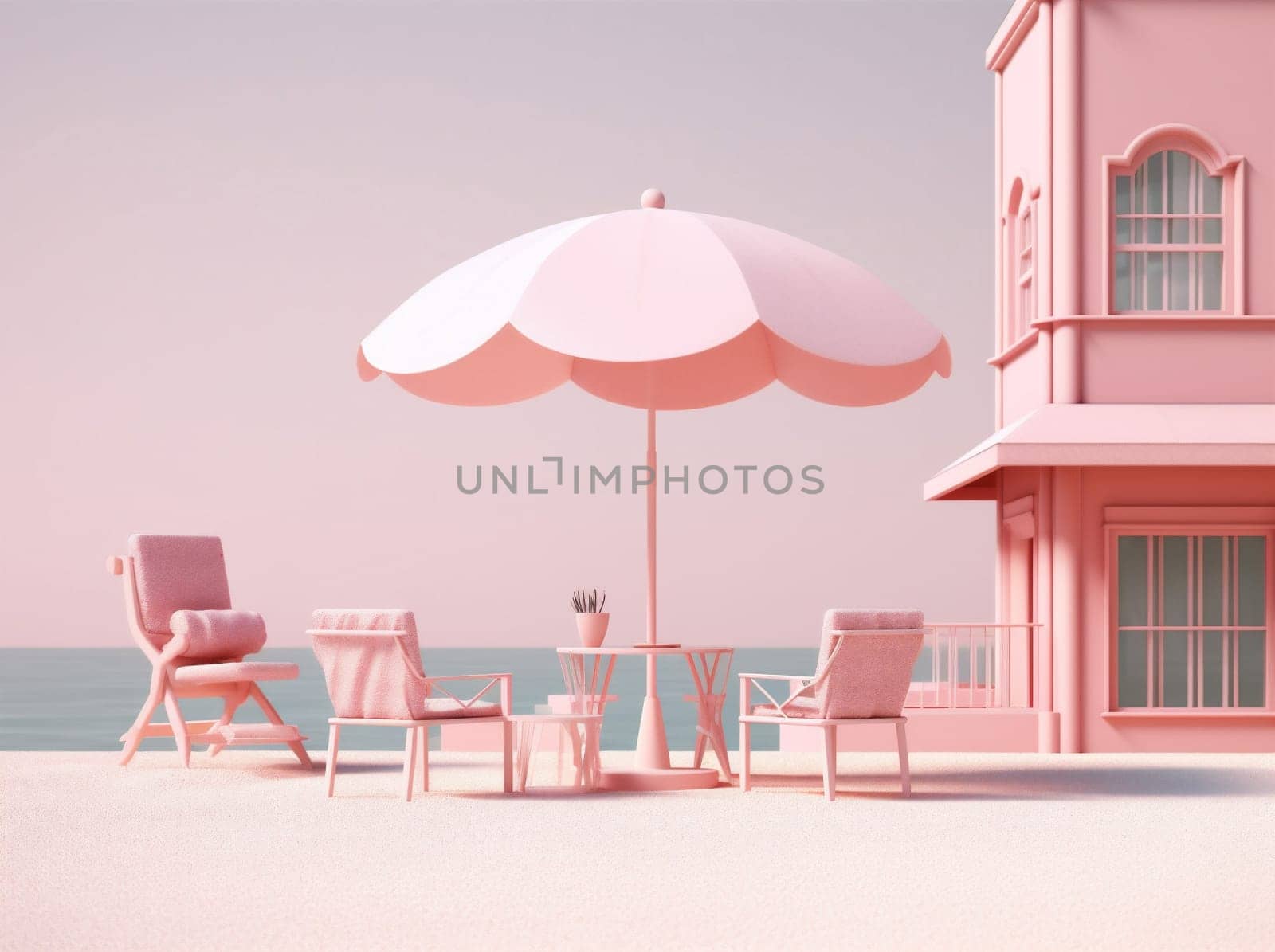 chair pink retro sun vacation sand holiday summer umbrella parasol. Generative AI. by Vichizh