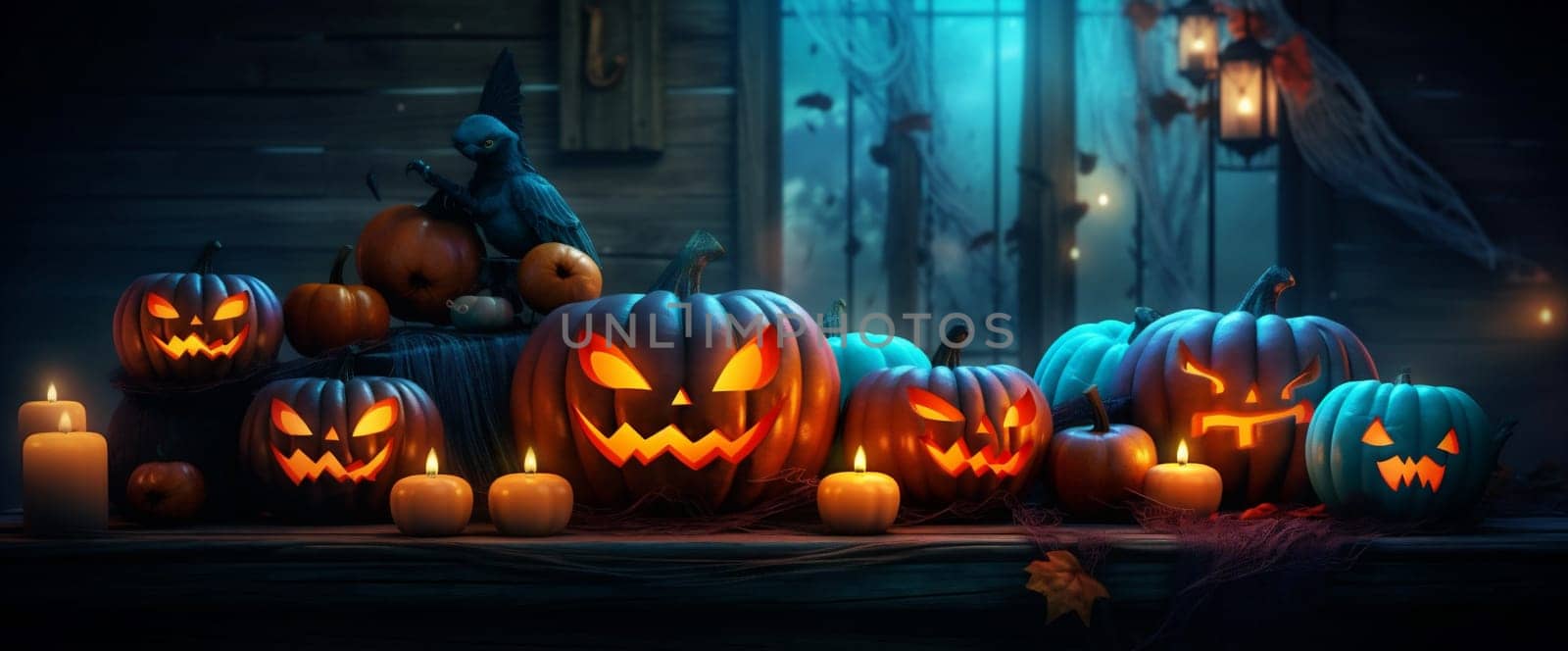 horror pumpkin grave blue evil background table night mystery halloween fear. Generative AI. by Vichizh