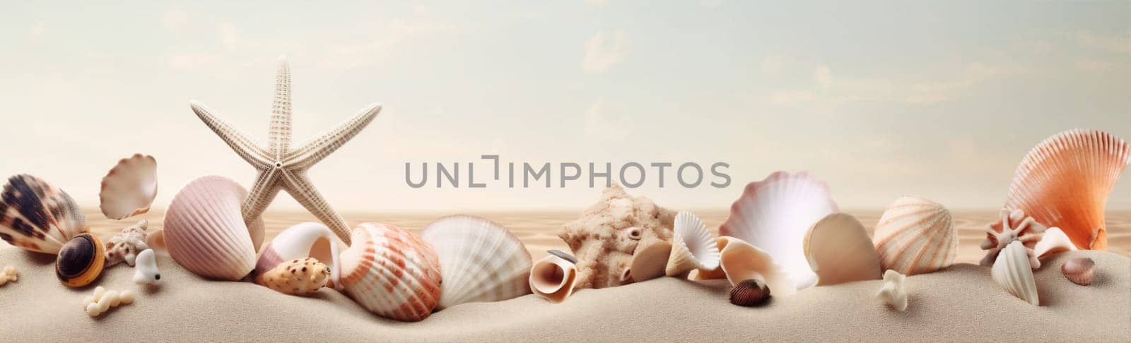 shell summer banner tropical sea nature sand holiday beach ocean. Generative AI. by Vichizh