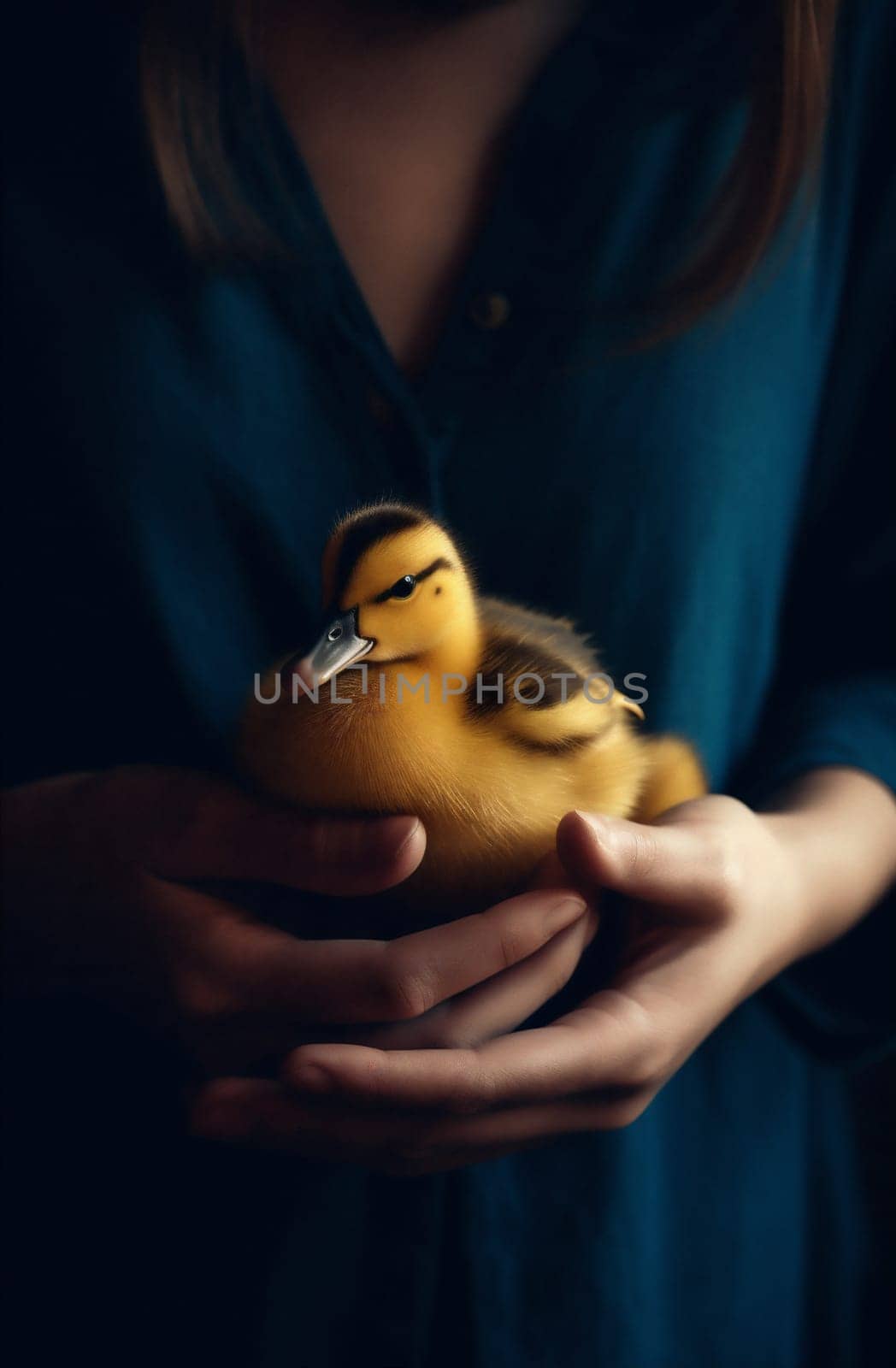 beautiful girl little farm portrait child duckling baby life bird duck yellow green happy happiness easter chicken small hand close-up. Generative AI.