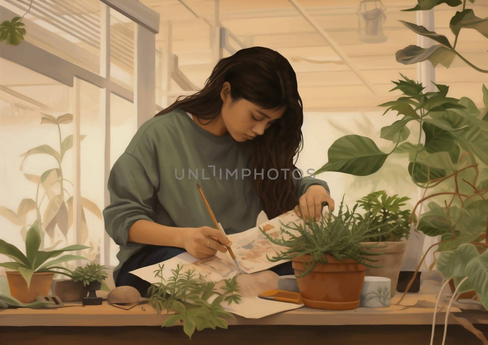 gardener woman flower work botanist job caucasian houseplant freelancer domestic growing indoor cultivation green care florist floral entrepreneur pot happy hobby. Generative AI.