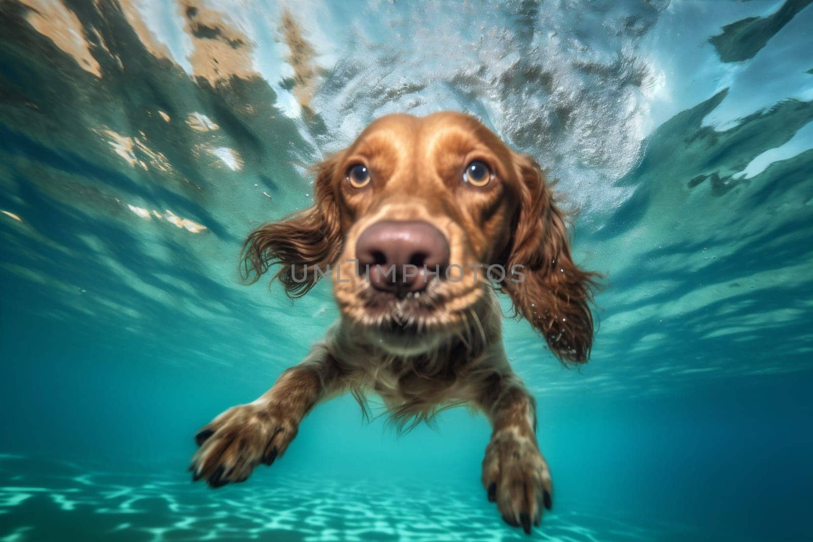 dog puppy underwater home vacation play swimming game jump snorkeling pool outdoor fun adorable water diving pool swimming funny dive ocean. Generative AI.