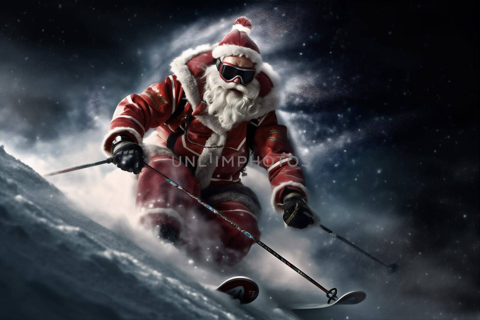 sport santa holiday christmas mountain winter snowboarder snow skier ski. Generative AI. by Vichizh