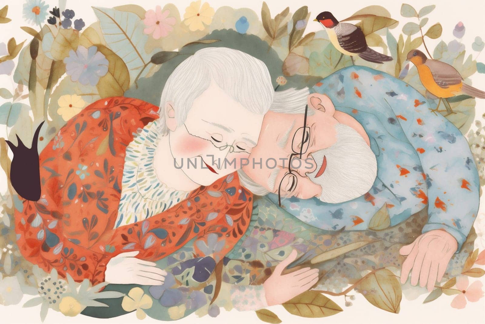 asleep woman man bed retired love happy grandparent couple old together grandfather. Generative AI. by Vichizh