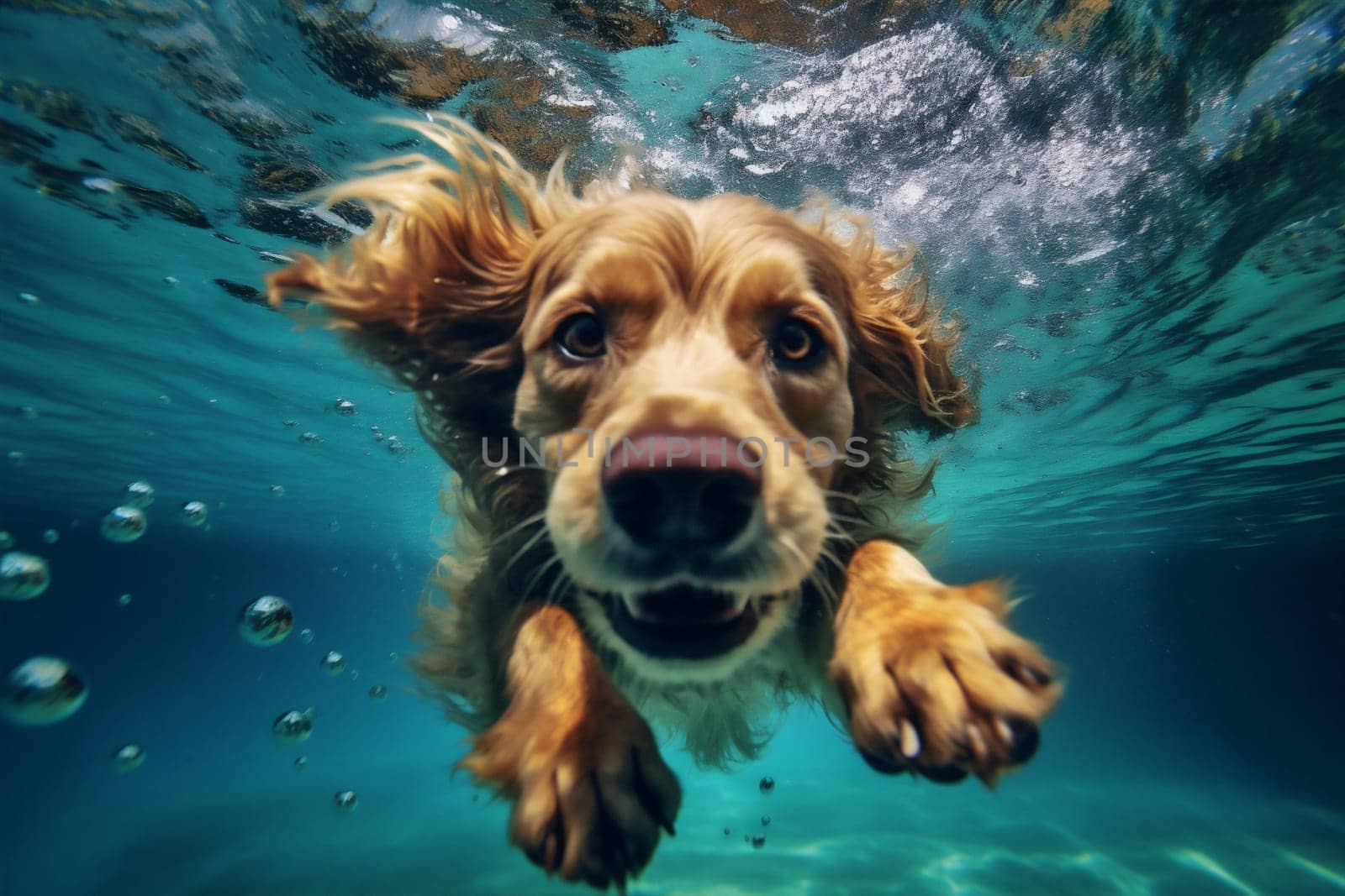 water dog underwater puppy snorkeling funny swimming vacation fun pool. Generative AI. by Vichizh