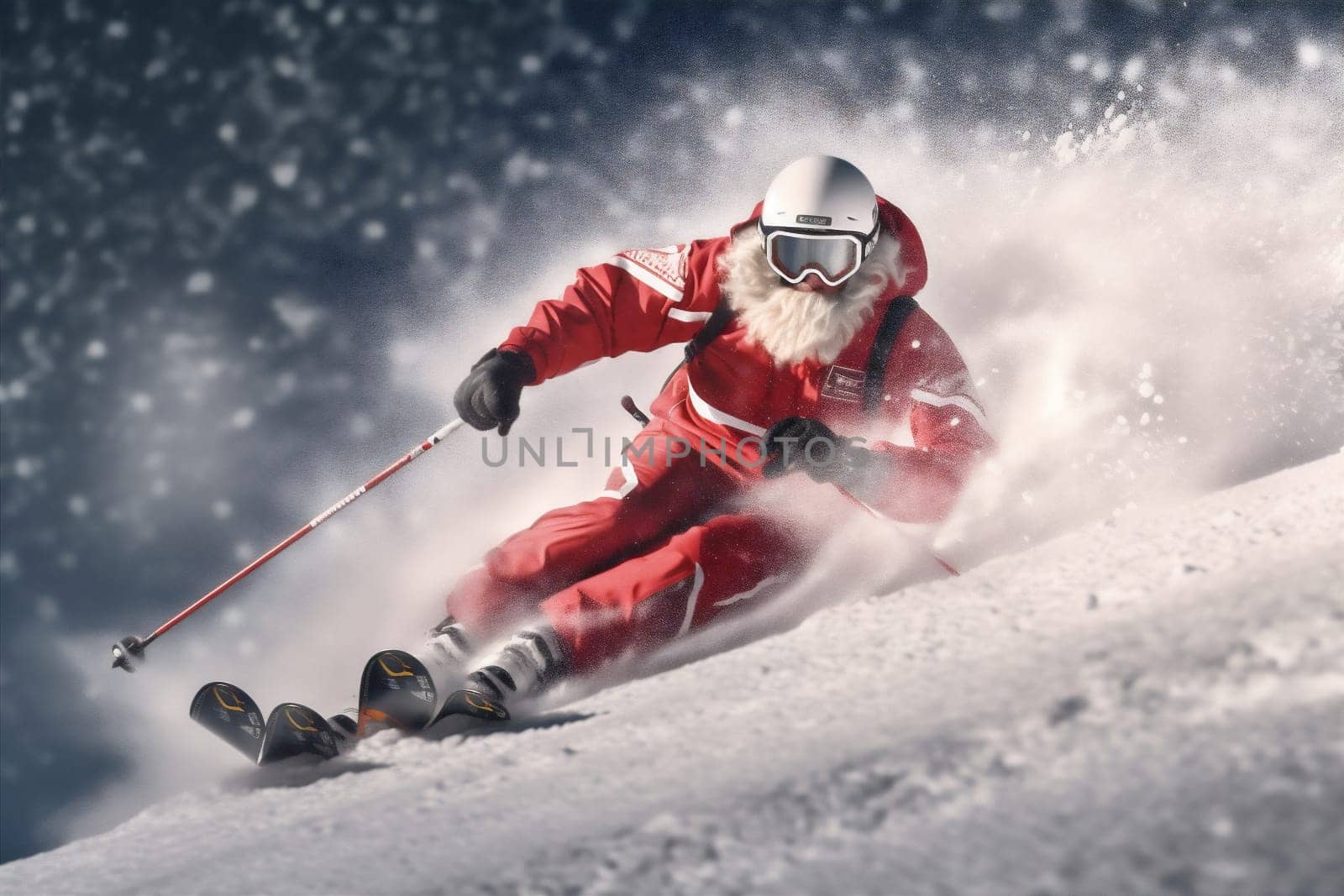 christmas winter snow ski skier snowboarder holiday santa sport mountain. Generative AI. by Vichizh
