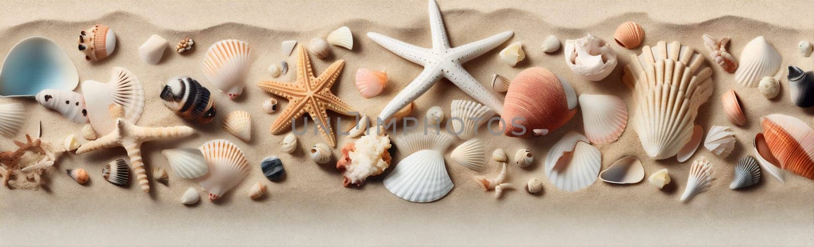 summer ocean sale bright exotic sand relax space tropical blank conch beach collection nature sea border holiday copy shell travel banner. Generative AI.