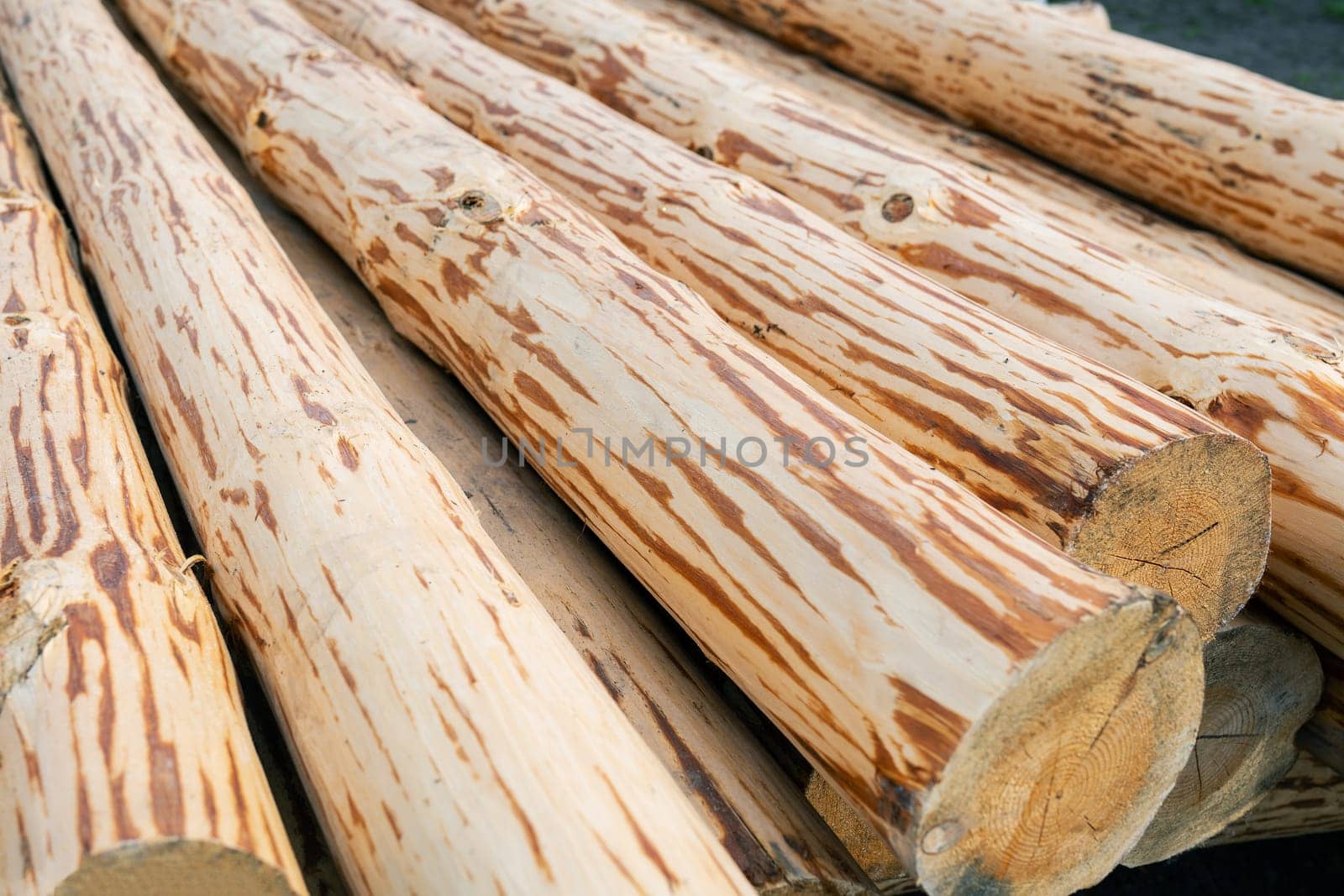 A close-up photograph of a pile of rough-textured wooden logs stacked on top of each other. Sawmill, agriculture. by sfinks