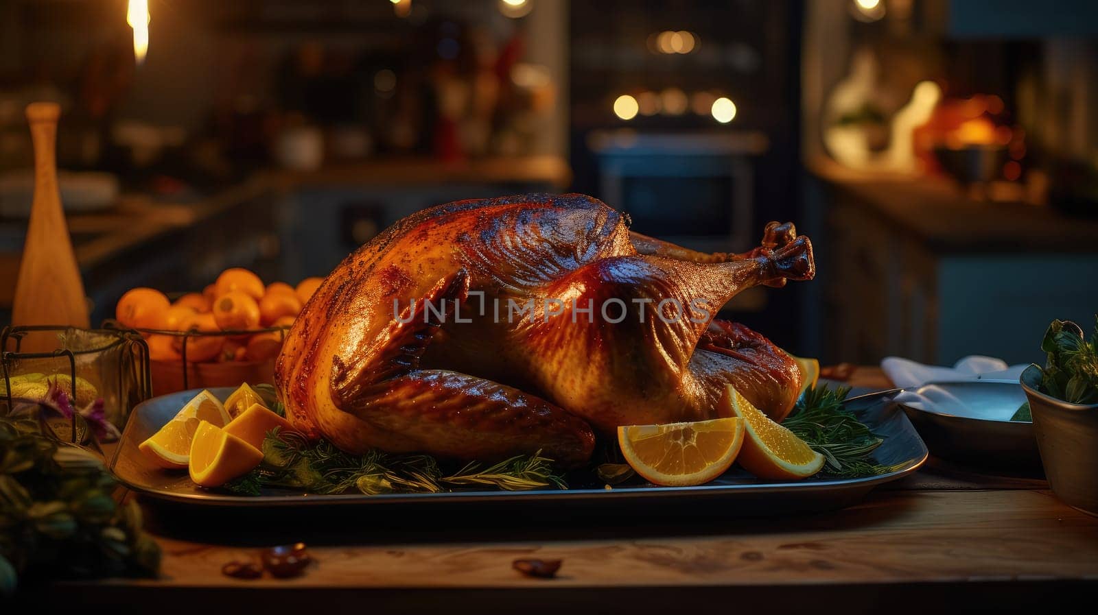 Close-up image of a beautifully roasted Thanksgiving turkey emerging from the oven, bathed in the soft glow of dusk