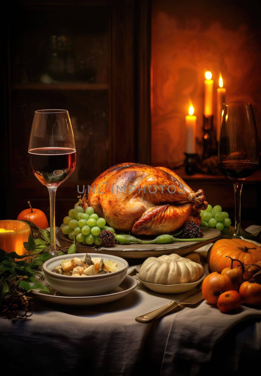 Thanksgiving meal of a deliciously roasted turkey surrounded by other food and candles