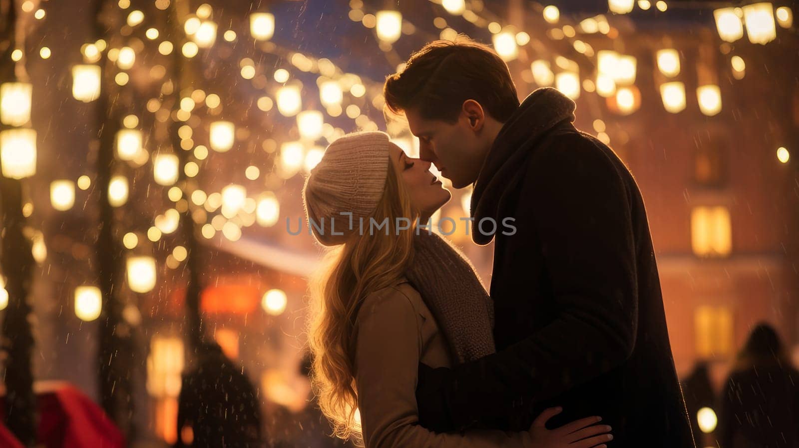 A young couple in love, a man and a woman, hug and kiss in the evening on a crowded city street, glowing bokeh lights. Valentine's day, newlyweds, engagement, holiday, birthday, wedding, anniversary, surprise, date.