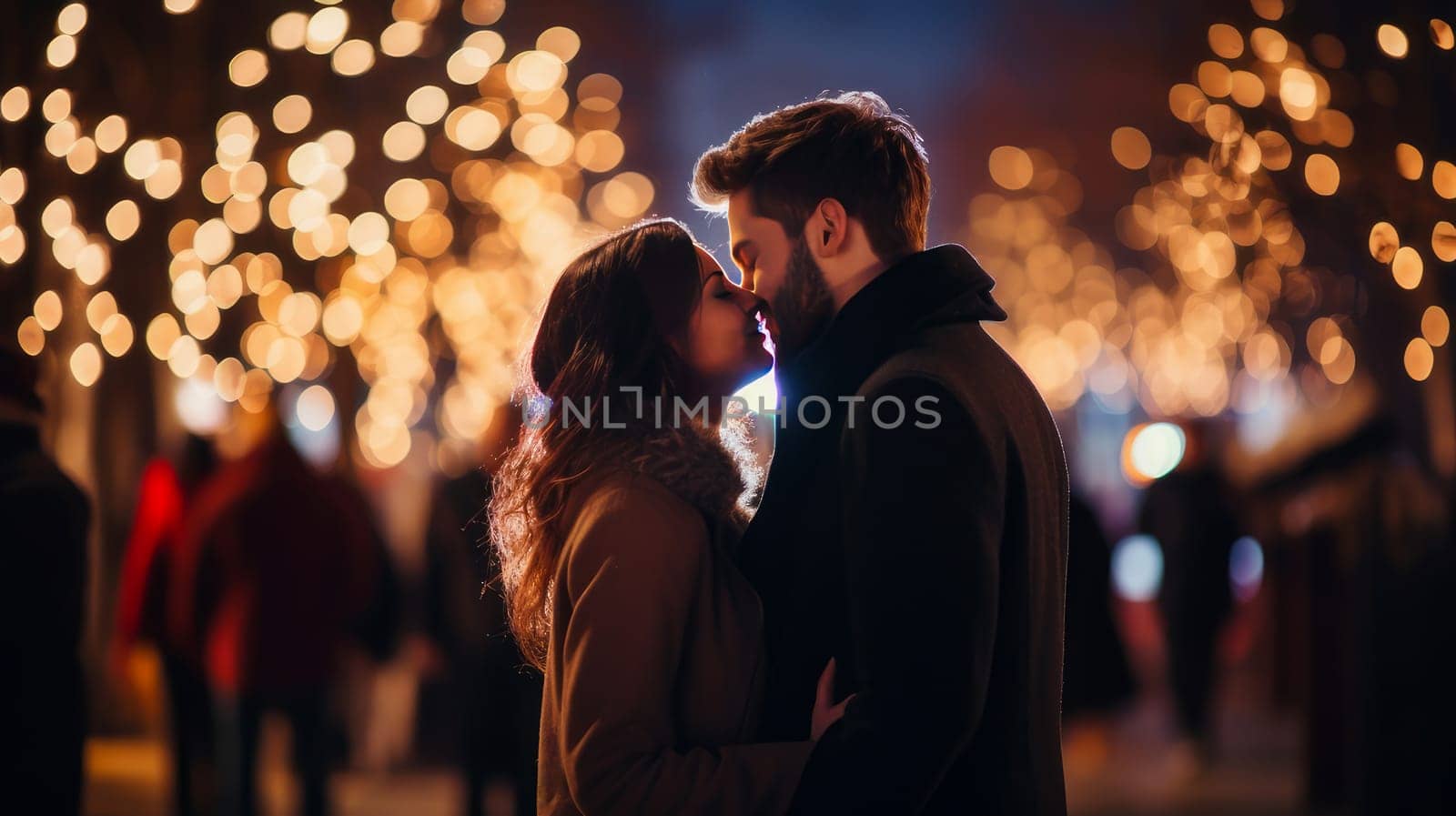 A young couple in love, a man and a woman, hug and kiss in the evening on a crowded city street, glowing bokeh lights. Valentine's day, newlyweds, engagement, holiday, birthday, wedding, anniversary, surprise, date.