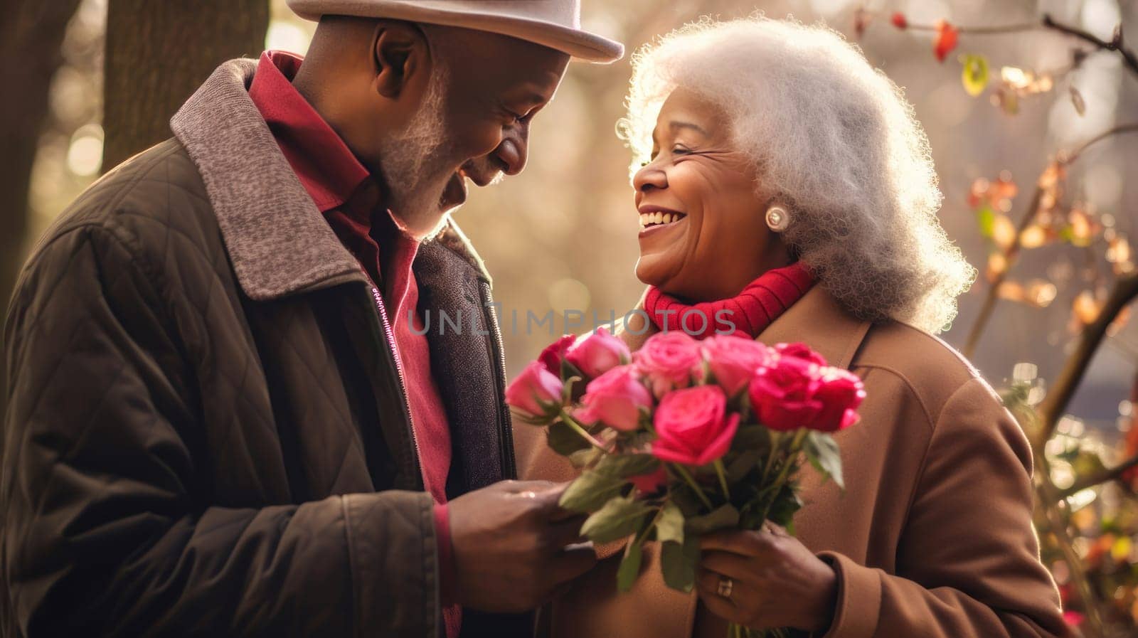 An elderly African man gives his wife a large bouquet of roses for Valentine's Day by Alla_Yurtayeva