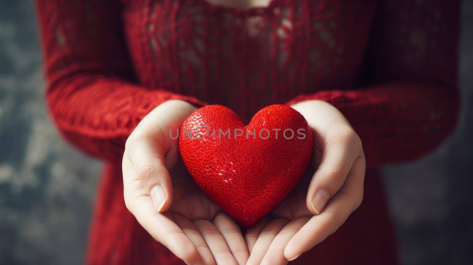 Red heart in woman's hands. Valentine's day, newlyweds, engagement, holiday, birthday, wedding, anniversary surprise date