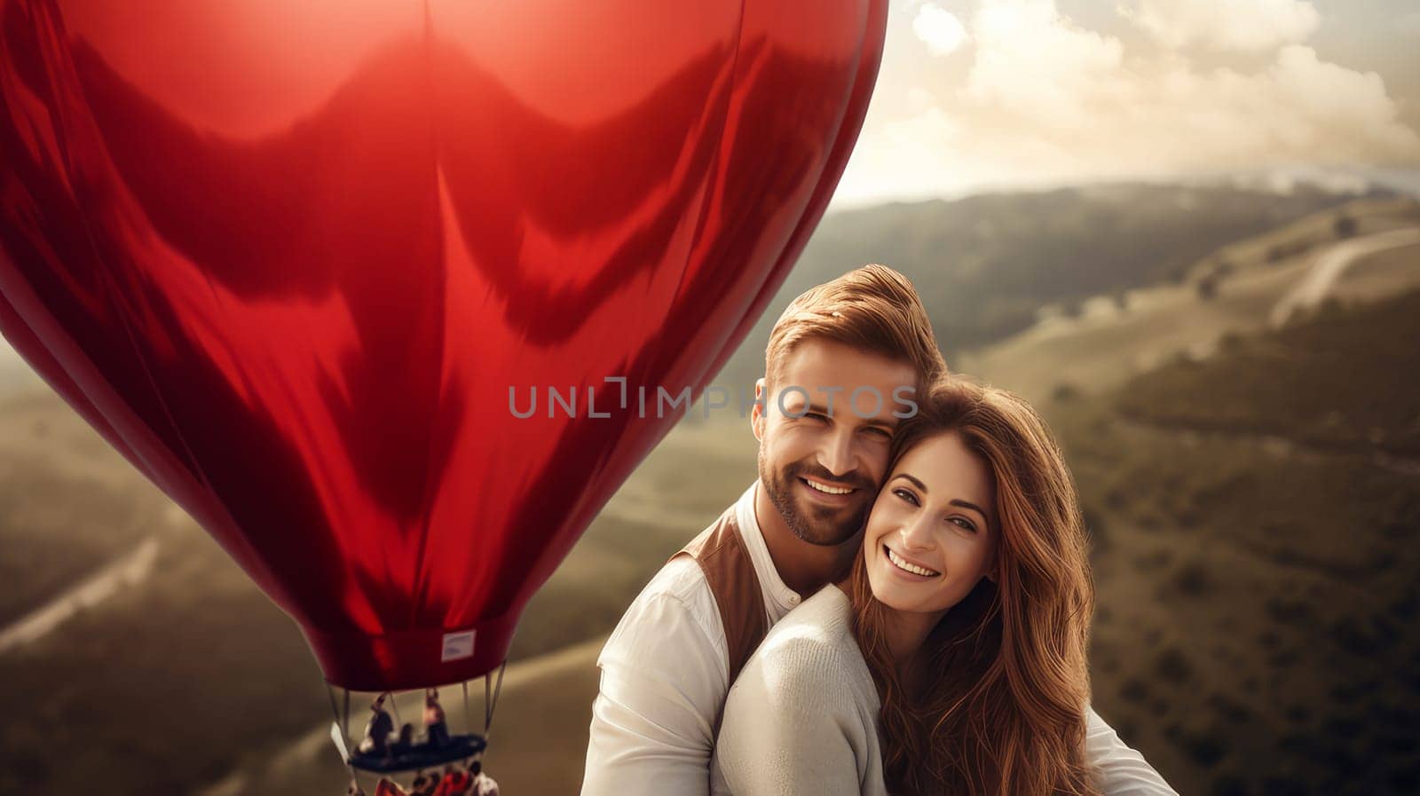 A couple in love is flying on a large, red, heart-shaped balloon high in the clouds above the mountains, at sunset. Emotions, balloonists, extreme sports. Valentine's day, newlyweds, engagement, holiday, birthday, wedding, anniversary, surprise, date