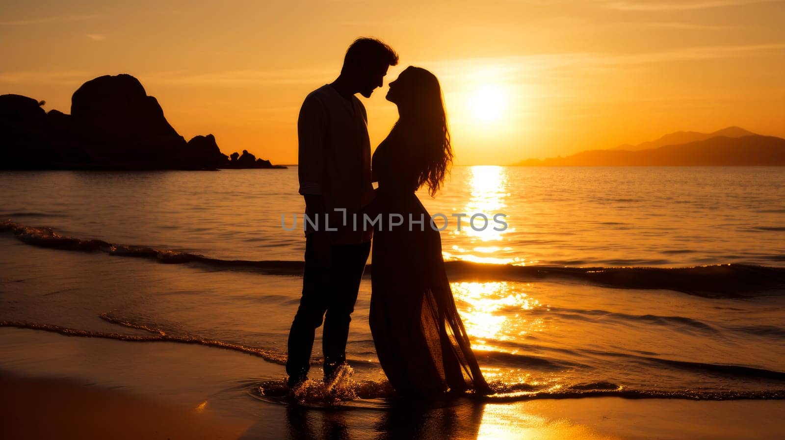 Silhouette of a young couple in love on the background of sunset by Alla_Yurtayeva