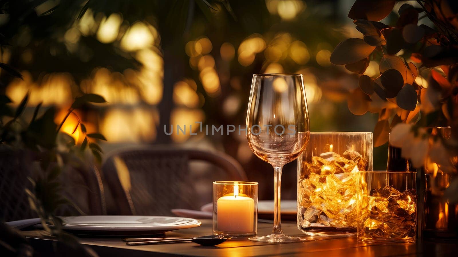 Dinner in a chic restaurant, on the terrace in the fresh air, by candlelight with a glass of champagne or wine, with beautiful glowing lights. Valentine's day, newlyweds, engagement, holiday, birthday, wedding, anniversary, surprise, date.