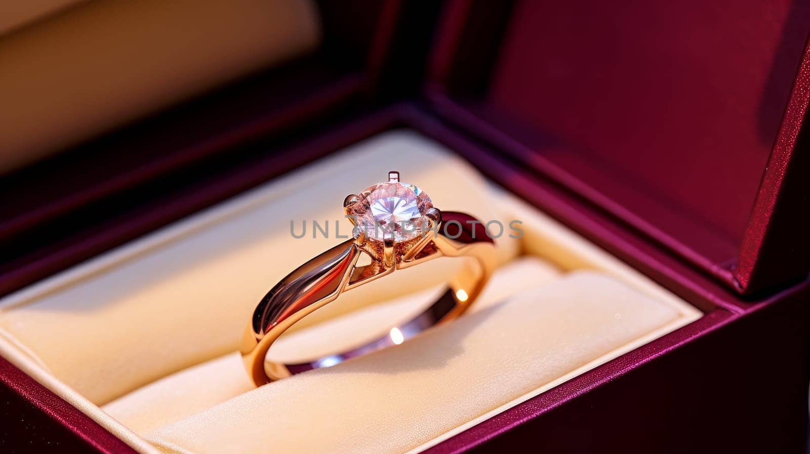 Jewelry, gold, chic diamond ring in a gift box for Valentine's Day, engagement, birthday, holiday, bought in a store