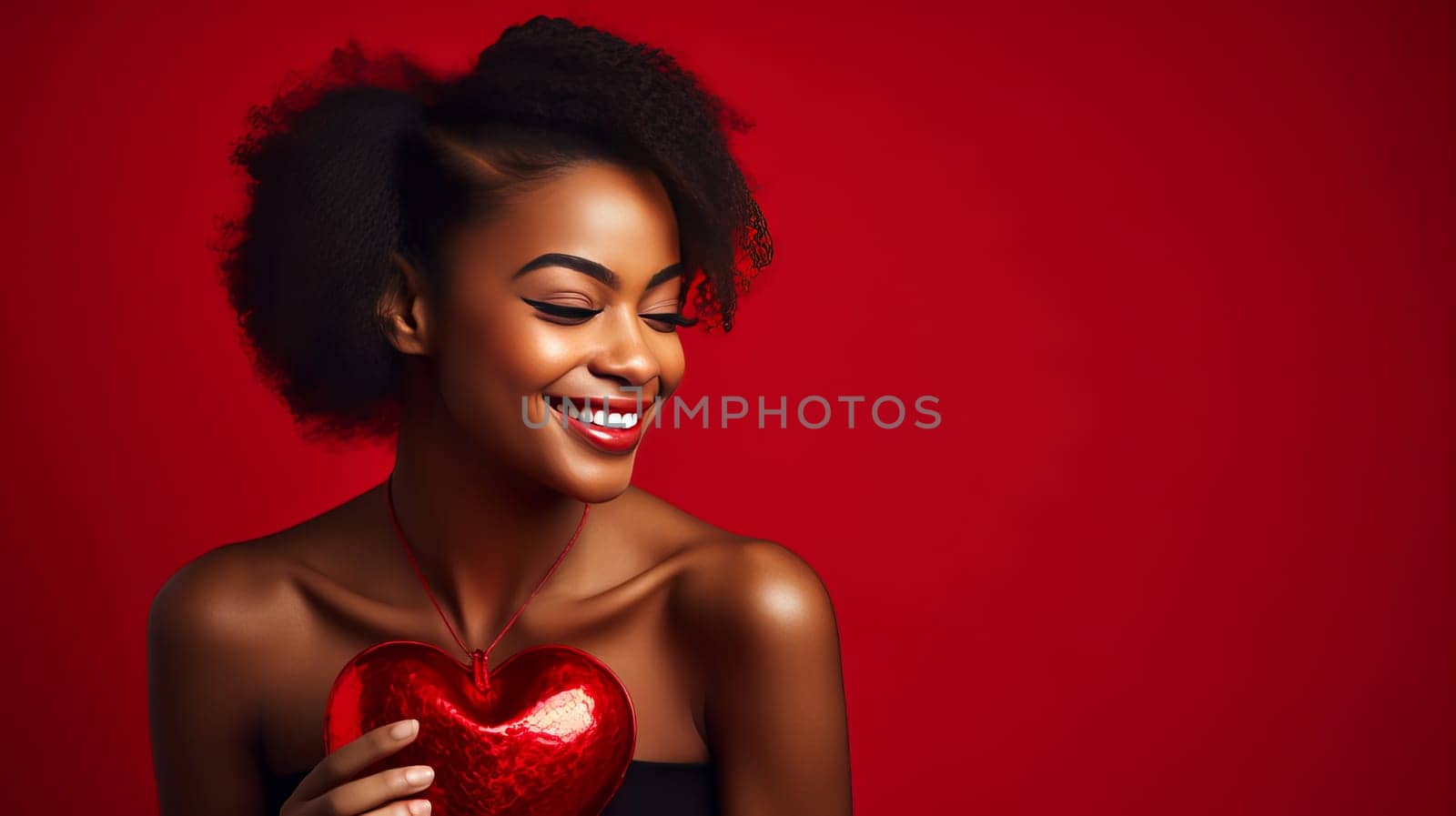 Happy, elegant, laughing, carefree girl African American dark-skinned, woman with heart on red background for Valentine's day, banner, advertisement. by Alla_Yurtayeva