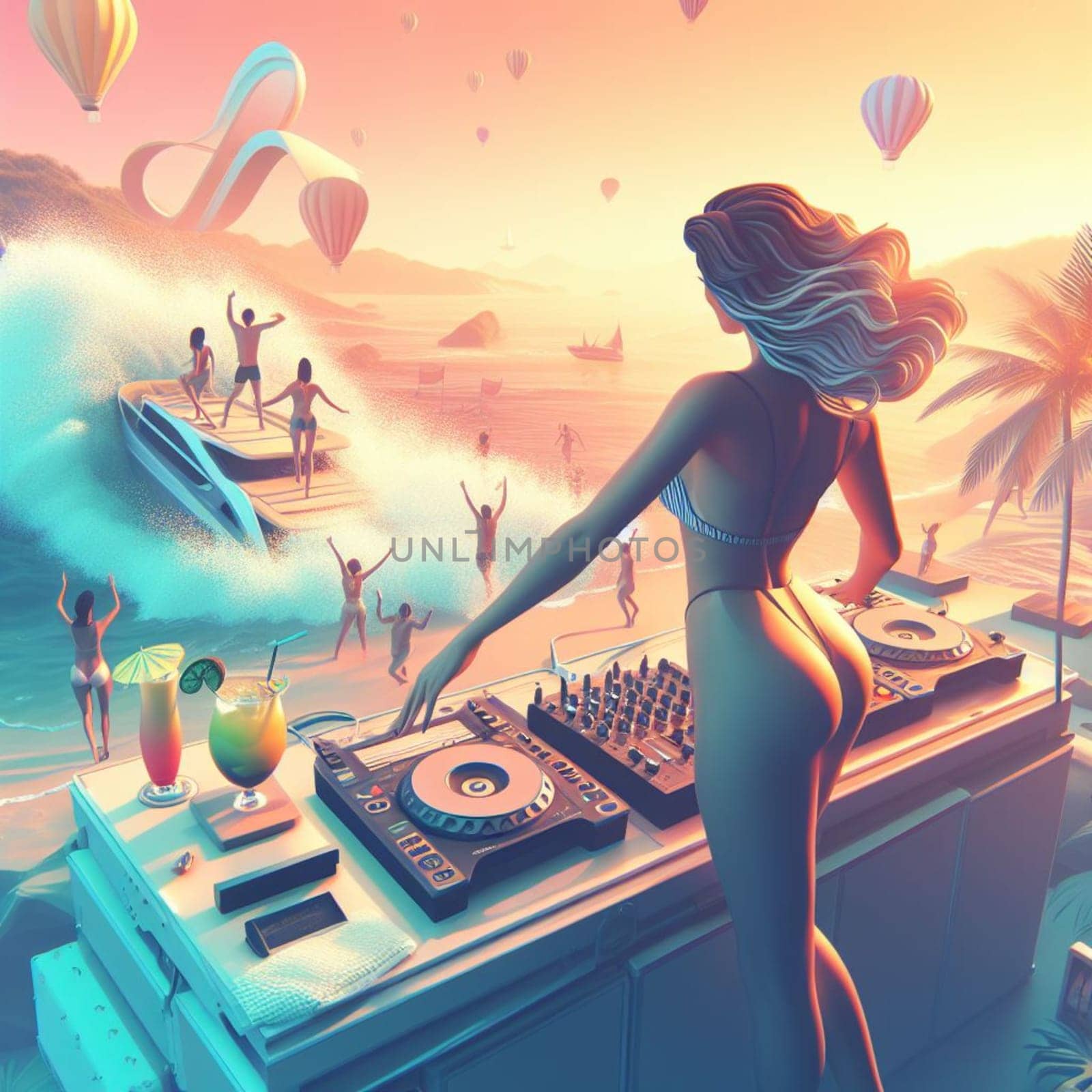 woman dj , wearing glasses earphone hosting dj set at crowded beach party in tropical island sunset ai generative art