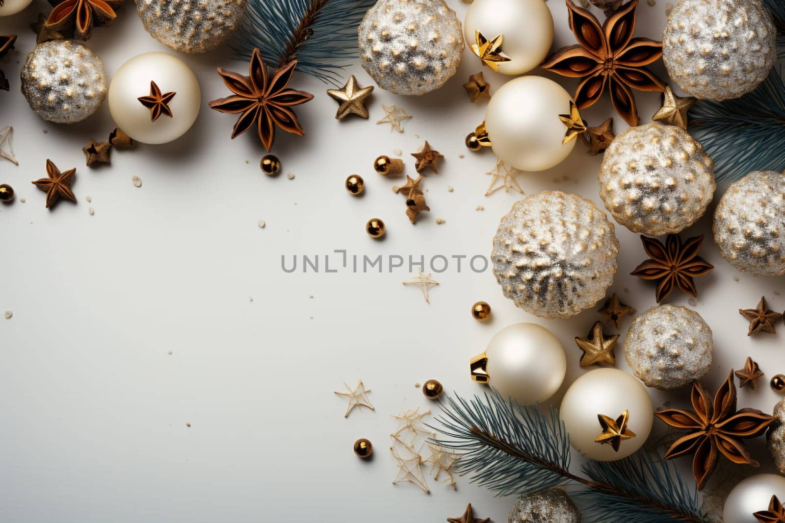 An overhead view captures the festive spirit with christmas objects artfully arranged.