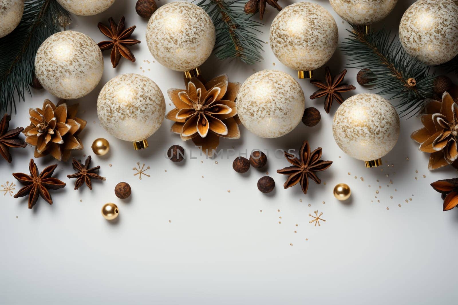 Christmas background with white and gold balls and copy space by Ciorba