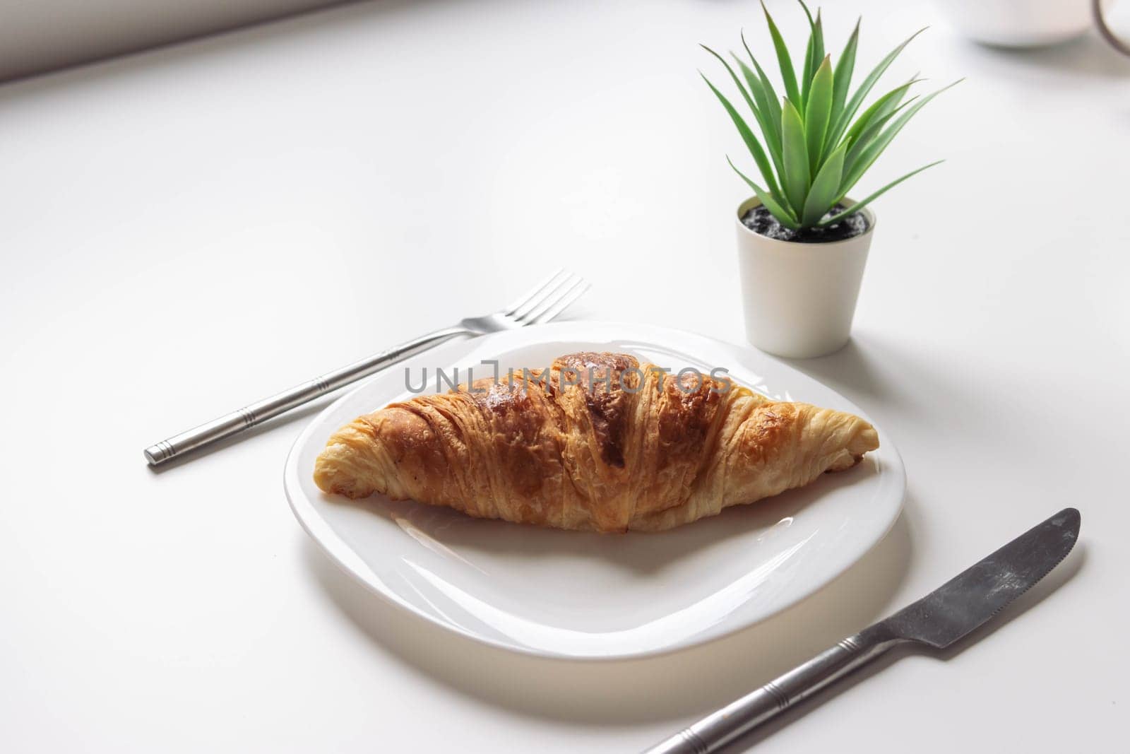 fresh french croissant on a white plate on the sides lies a fork and a knife for food angle photo from the side a green flower lies on the table by PopOff