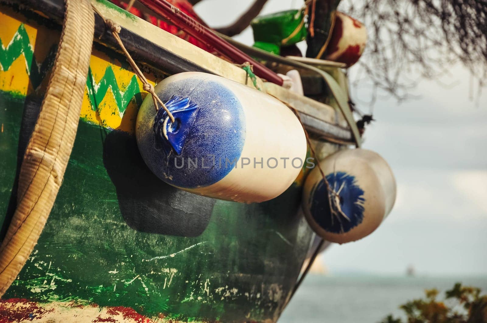 fishing boat on the beach with tools for catching fish inside close-up. High quality photo