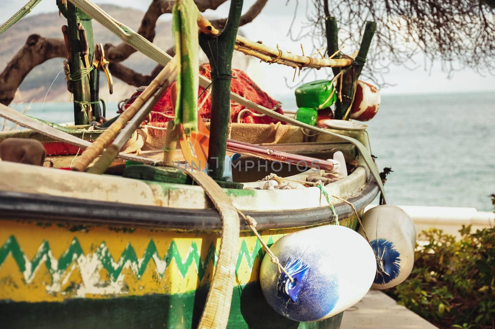 colorful tropical boat on the seashore in the sand side view. High quality photo