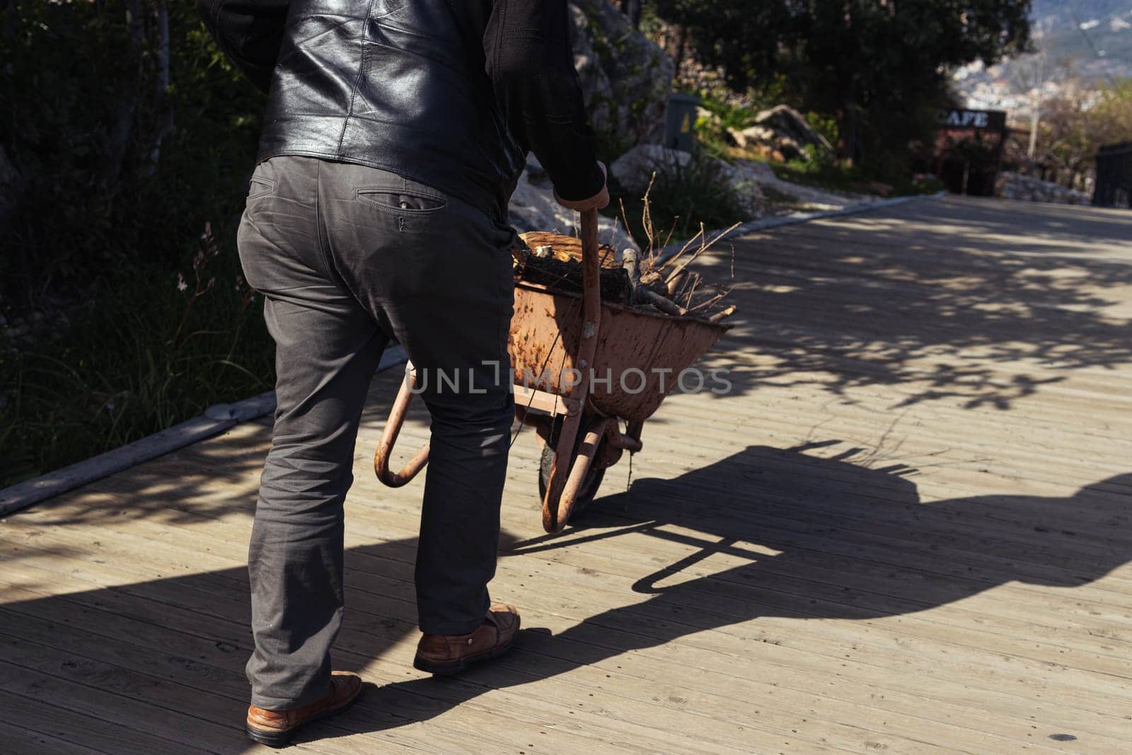 a man carries firewood in a wheelbarrow to heat the house, close-up rear view. High quality photo