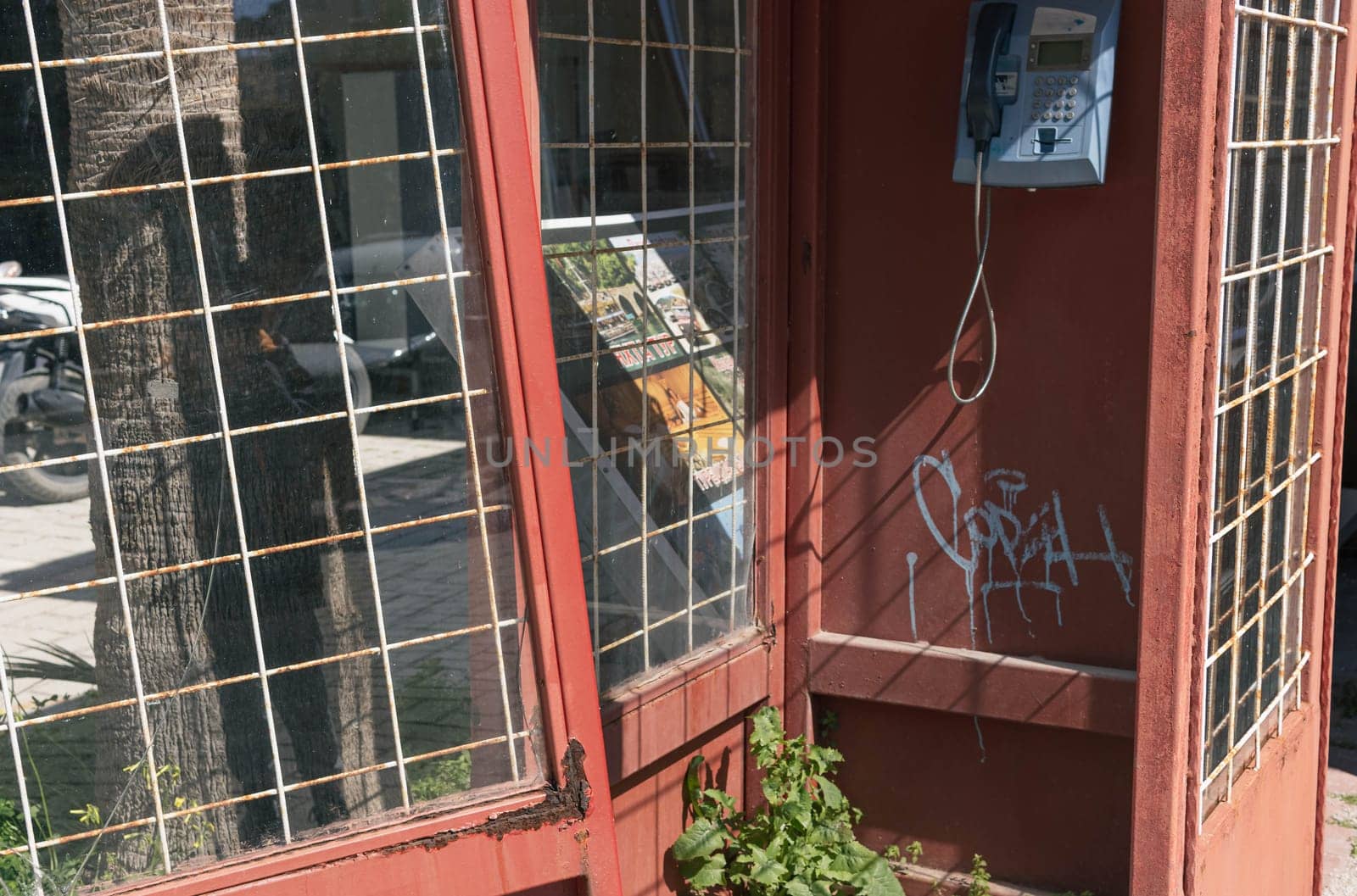 Old telephone booth. Vintage and retro. High quality photo