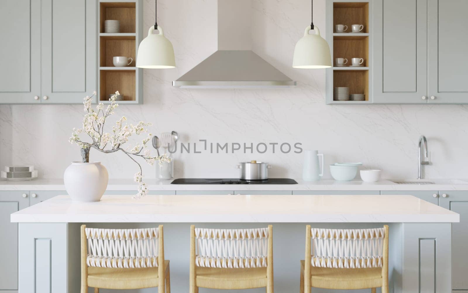 Blue kitchen interior with island. Stylish kitchen with white countertops. Cozy bright kitchen with utensils and appliances. Working space of the kitchen. 3D render