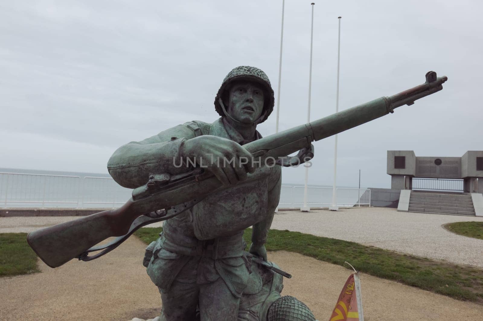 Beautiful ocean view Monument to the dead soldiers close-up, France, Normandy, Omaha beach, December 24, 2022. High quality photo