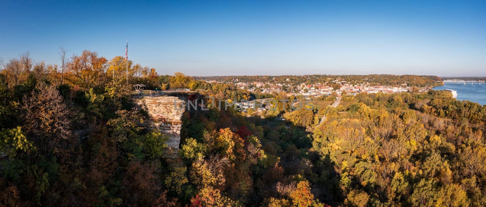 Aerial view of the city of Hannibal in Missouri from Lovers Leap overlook with Mississippi River in the distance