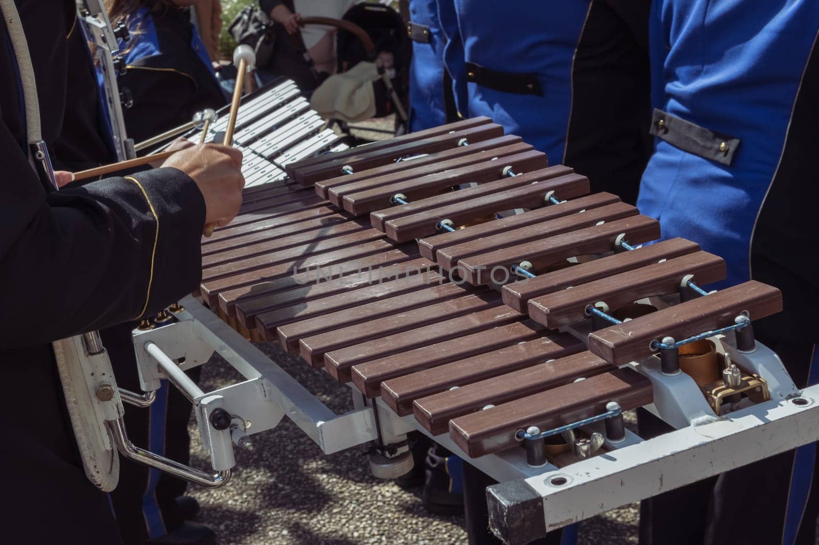 holiday in a European city, musicians play instruments, close-up. High quality photo