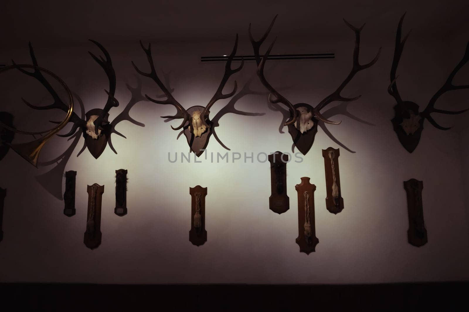 scarecrow with horns on the wall hanging in a row close-up. High quality photo