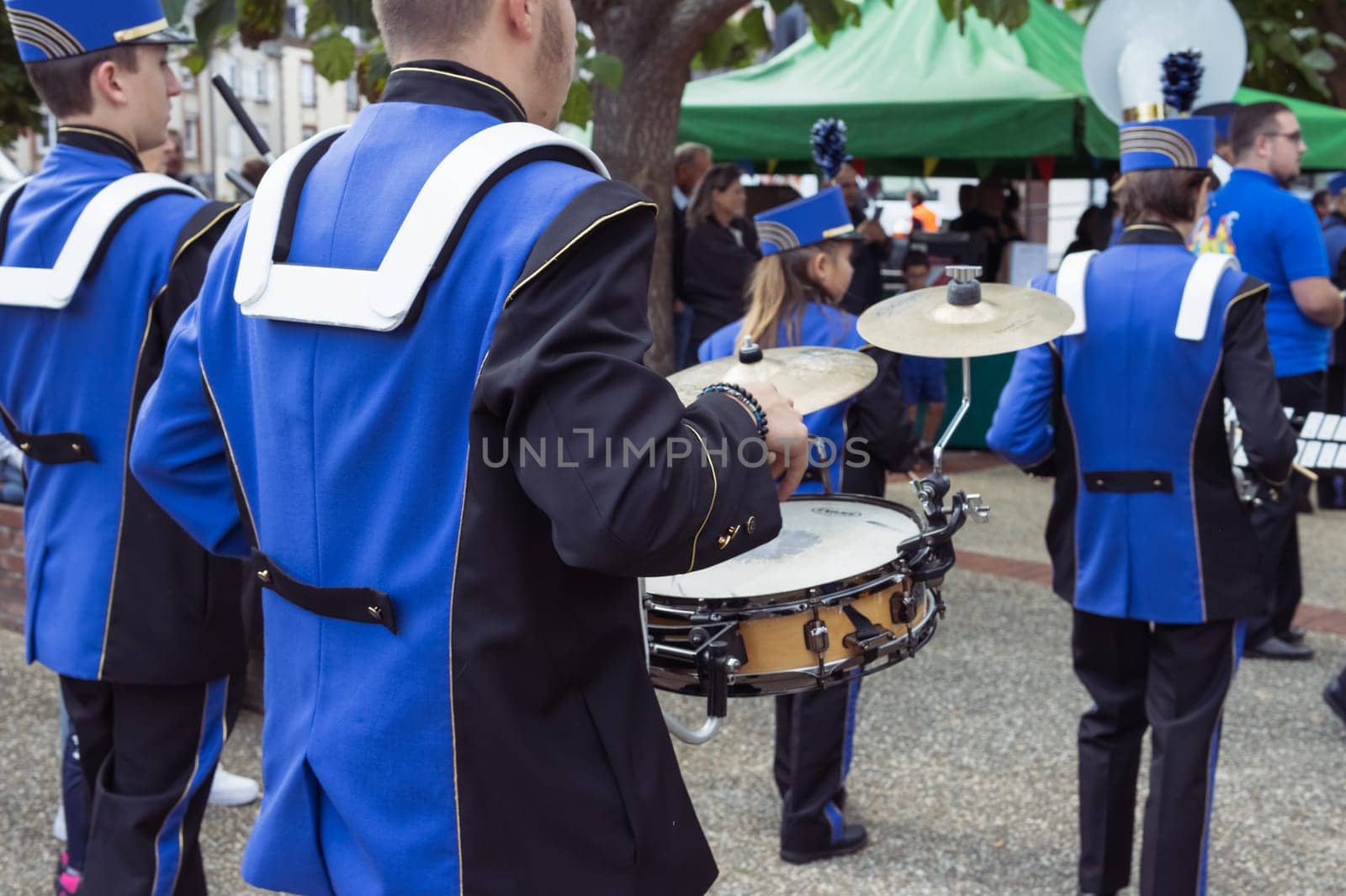 holiday in a European city, musicians play instruments, close-up. High quality photo