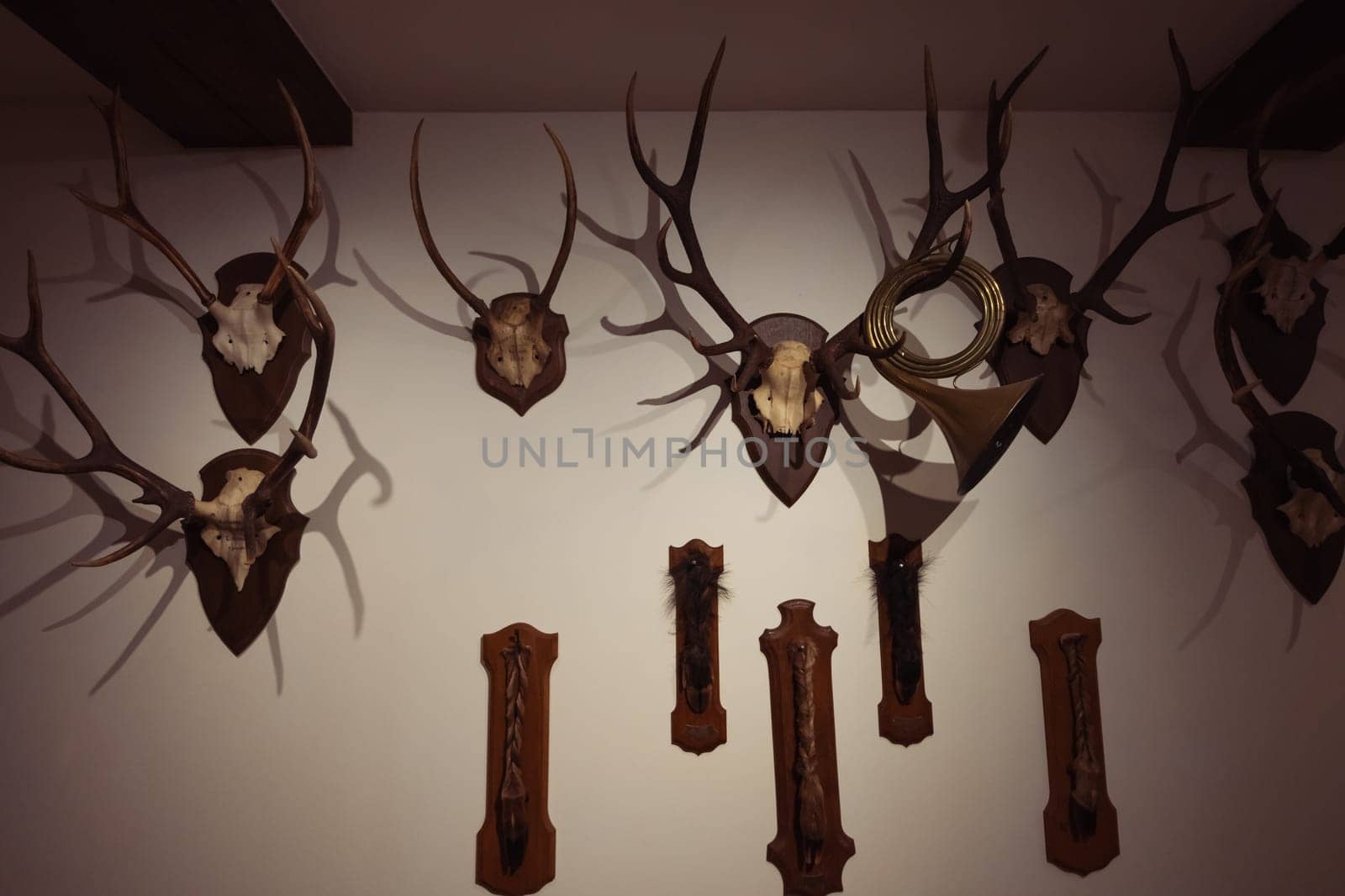 scarecrow with horns on the wall hanging in a row close-up. High quality photo