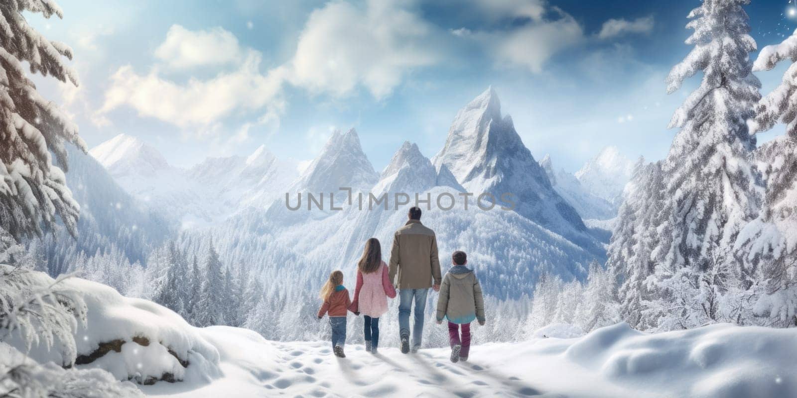 Happy family Father, mother and children are on winter walk in nature comeliness by biancoblue