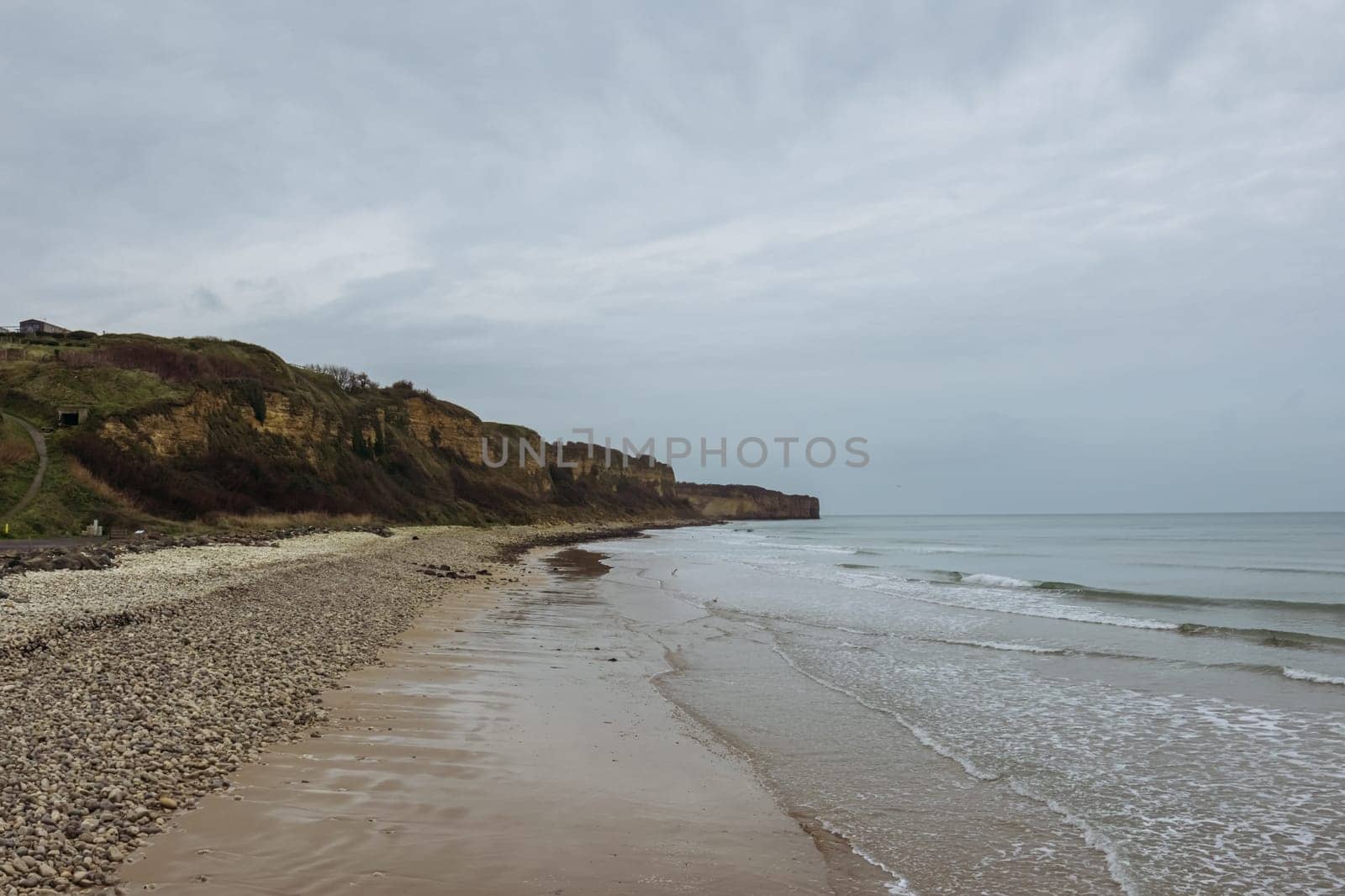 Beautiful ocean view France, Normandy, Omaha beach, December 24, 2022. High quality photo