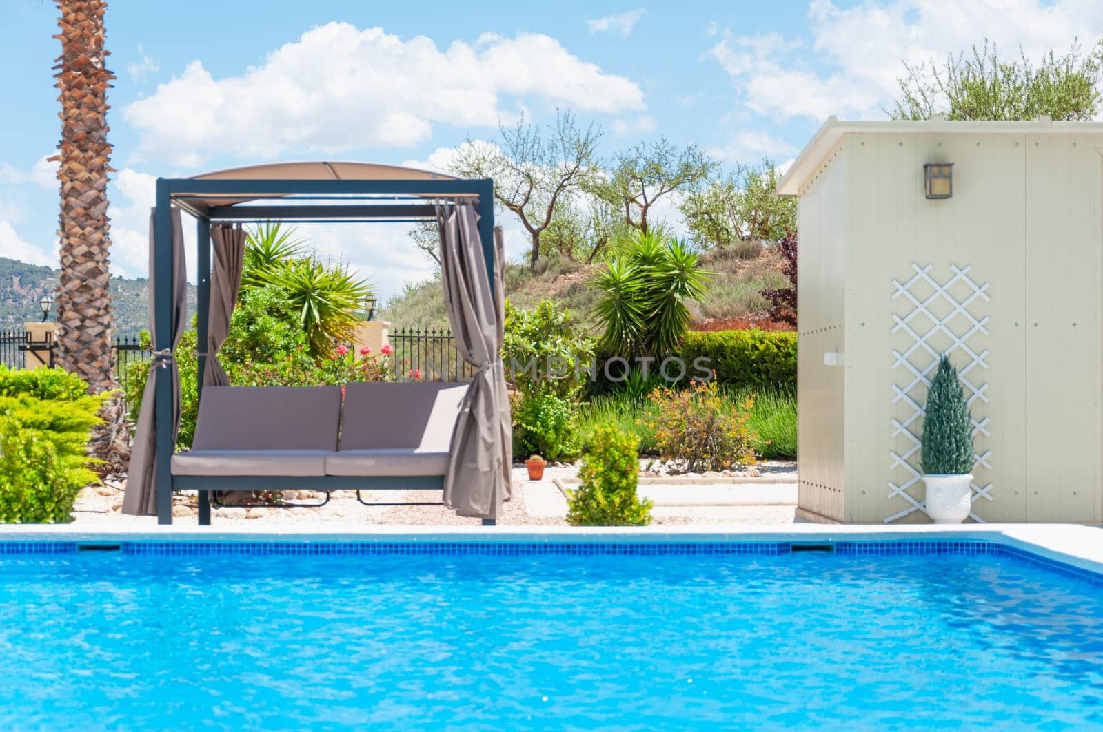 landscape swimming pool blue sky with clouds. Tropical beautiful hotel. High quality photo