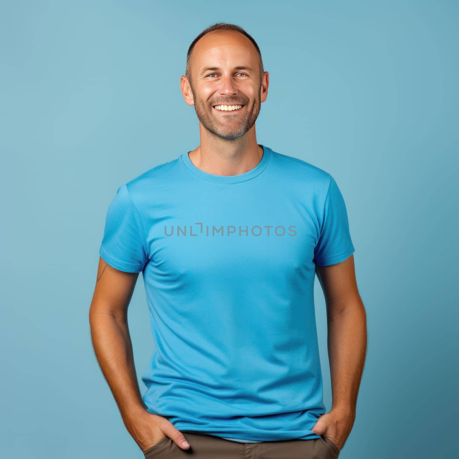 Adult man in blue t-shirt posing with an open smile on blue studio background, T-shirt mockup on male model, background space for text. AI