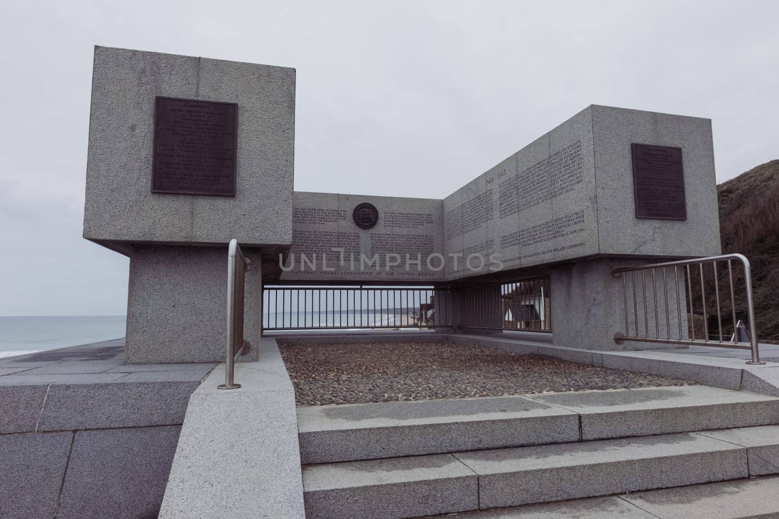 Monument to the fallen soldiers who died in the war. France, Normandy, Omaha Beach, December 24, 2022. High quality photo